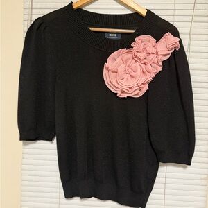 Maeve Black Sweater with Pink Floral Accent